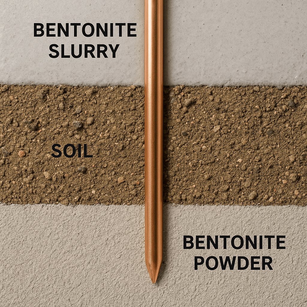 نمای مقطعی از خاک، لایه پودر بنتونیت و دوغاب بنتونیت در اطراف میله ارت