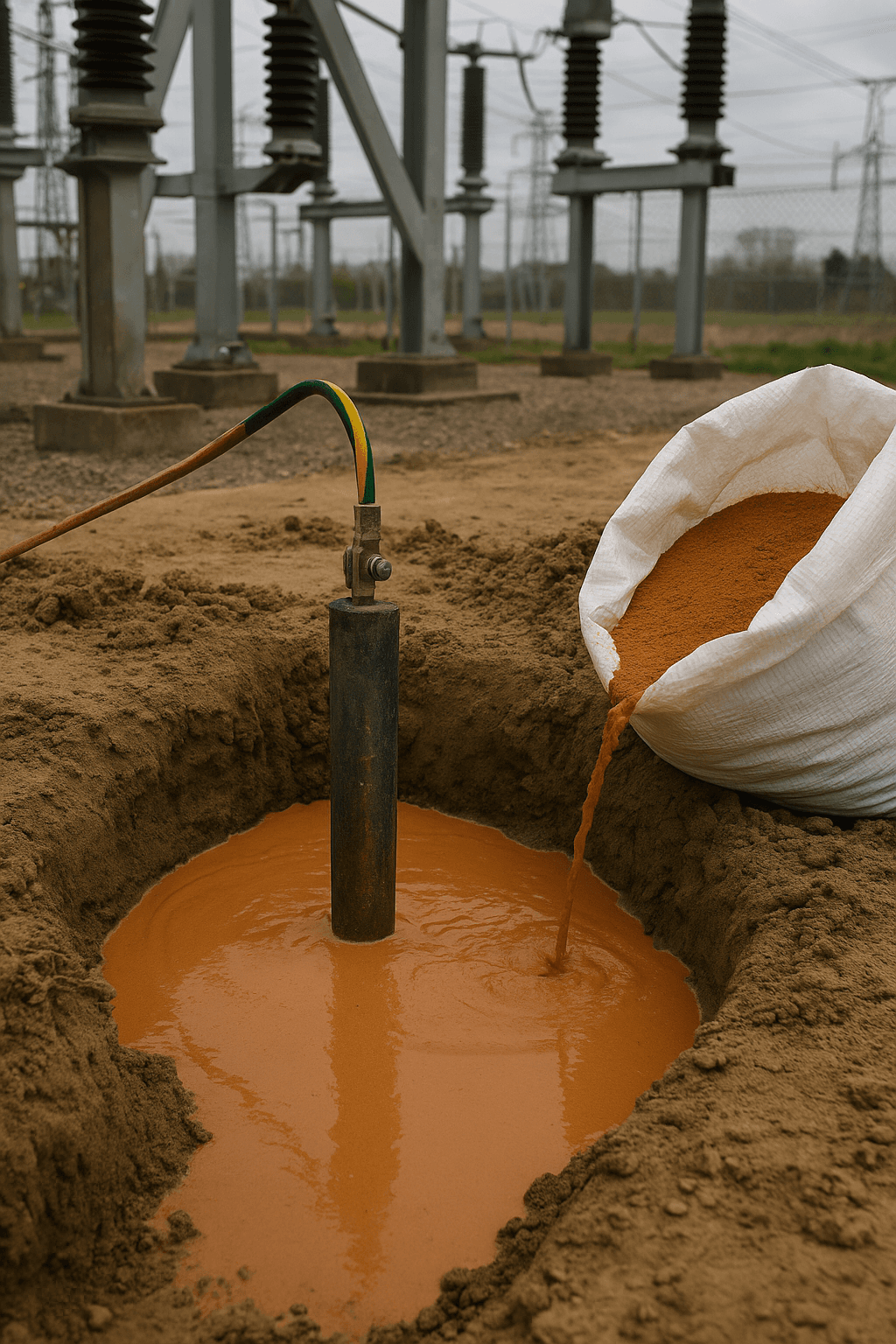 کیسه بنتونیت و شبکه ارت در محوطه پست برق