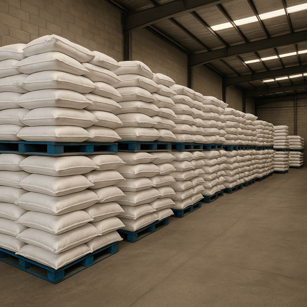 انبار استاندارد کیسه‌های بنتونیت روی پالت