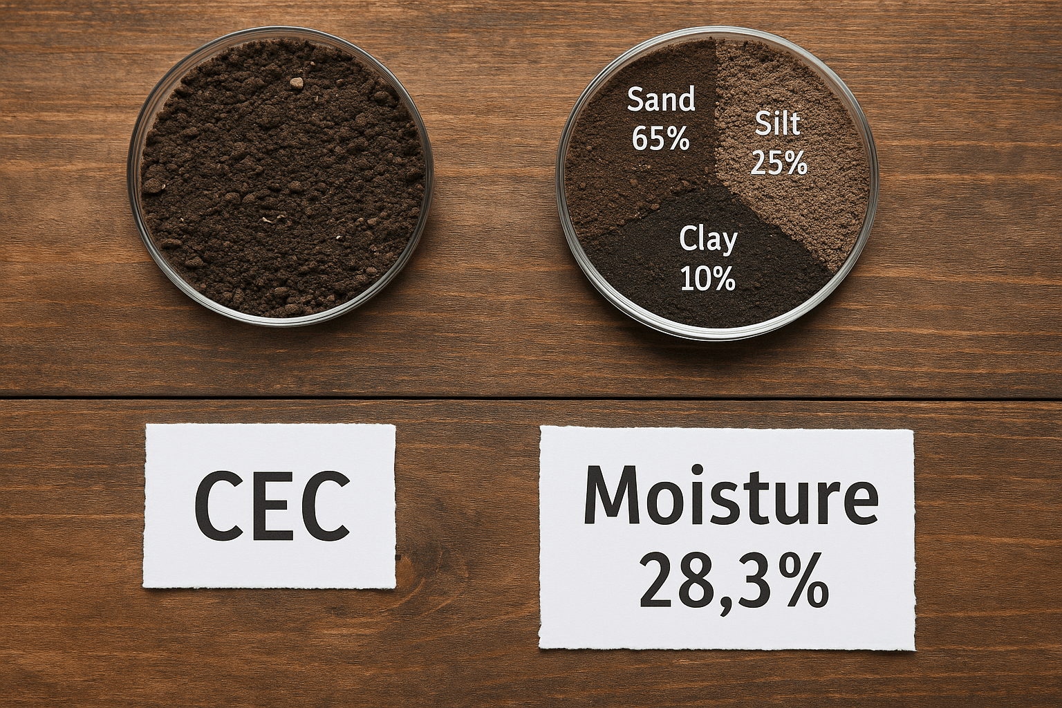 نمونه‌های خاک با اندازه‌ذره و رطوبت متفاوت در کنار برگه مشخصات CEC