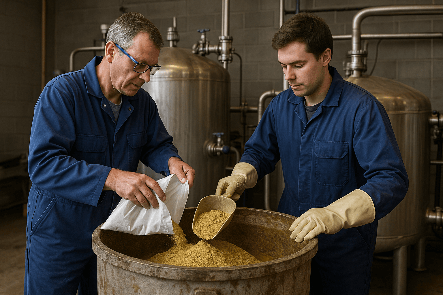 اپراتورها در حال آماده‌سازی بنتونیت برای استفاده در واحد تصفیه روغن