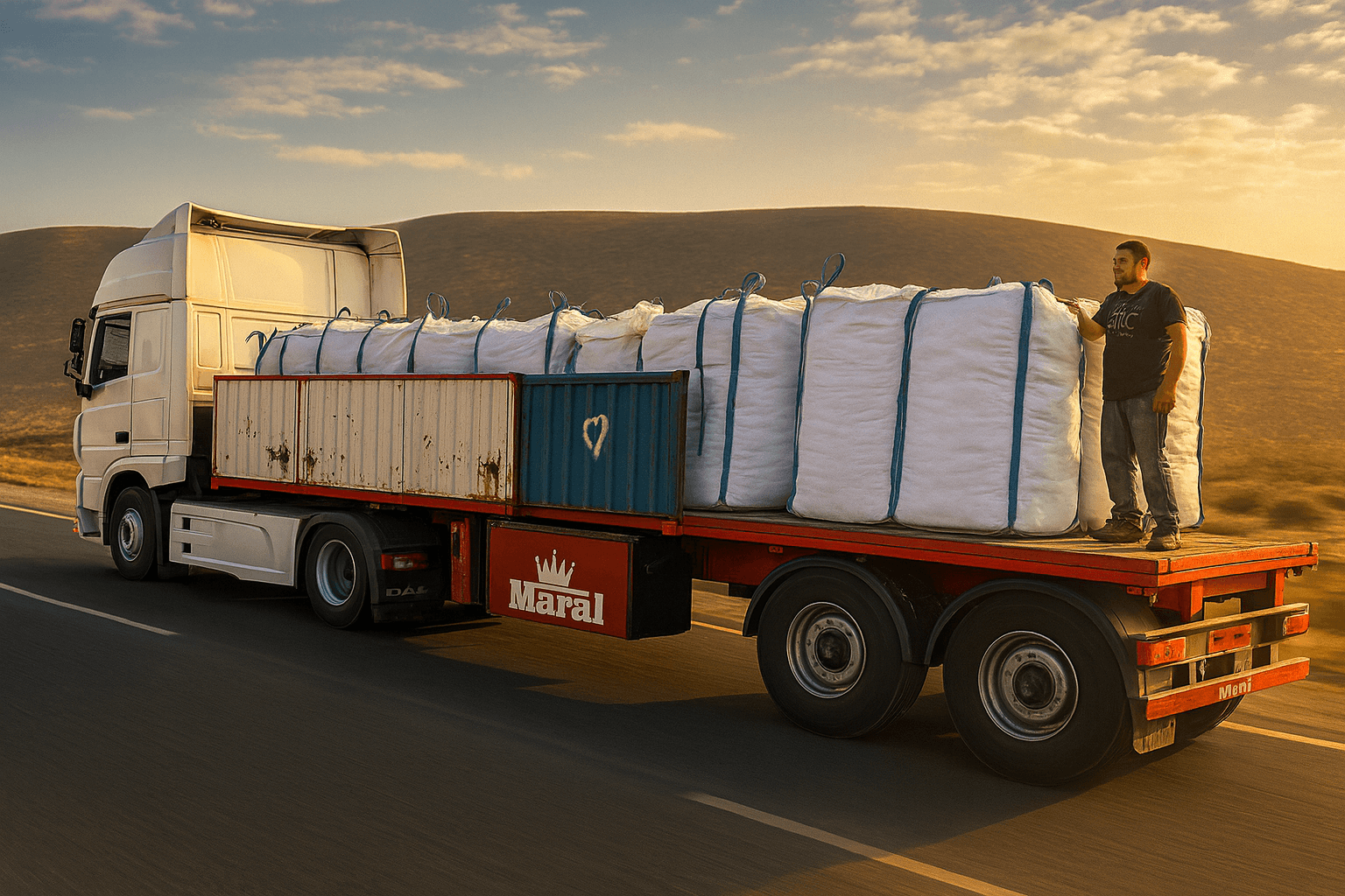 تریلر حامل کیسه‌های محصول در حال حرکت